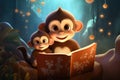 mother monkey and her baby are reading a book in a magical forest