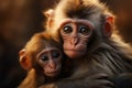 Mother monkey tenderly embraces her cherished baby in loving arms