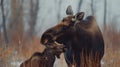 A mother moose and her calf in a field of tall grass, AI Royalty Free Stock Photo