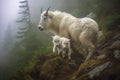mother mountain goat and her kid navigating steep terrain