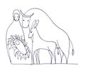 Mother and newborn child, Christmas, Madonna and child, bull and donkey, graphic black and white sketch on a white background Royalty Free Stock Photo