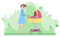 Mother with Newborn Kid in Perambulator Vector