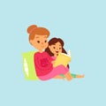 Mother or older sister in pink night-suit reading her daughter the bedtime story in bed. Vector cartoon illustration