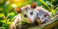 A mother opossum and her baby cuddle on a tree branch in a sun-dappled forest. Generative AI Royalty Free Stock Photo