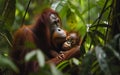 A mother orangutan tenderly holding her baby amidst dense green foliage Royalty Free Stock Photo