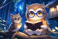 Mother owl and little fairy owl in glasses and with a book are sitting on a tree near their house in the night forest