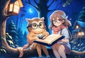 Mother owl and little fairy owl in glasses and with a book are sitting on a tree near their house in the night forest