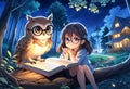 Mother owl and little fairy owl in glasses and with a book are sitting on a tree near their house in the night forest