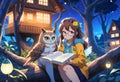 Mother owl and little fairy owl in glasses and with a book are sitting on a tree near their house in the night forest