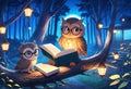 Mother owl and little fairy owl in glasses and with a book are sitting on a tree near their house in the night forest