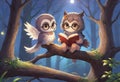 Mother owl and little fairy owl in glasses and with a book are sitting on a tree near their house in the night forest