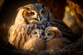 Mother owl with two baby owls sitting on her's back in nest. Generative AI Royalty Free Stock Photo