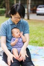 Mother parenting baby on park