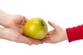 Mother passes an apple to her child isolated on white Royalty Free Stock Photo