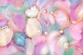 Mother of Pearl Feather and Oyster Pearls Background Royalty Free Stock Photo