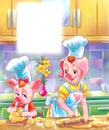 mother pig with her piglet at the kitchen making bakery fairy tale illustration