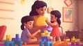 A mother is playing building blocks with her daughters