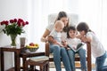 Mother, playing with her toddler boy and his older brother, read Royalty Free Stock Photo