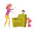 Mother playing with kids. Happy family time, peekaboo game. Mom finding children vector illustration