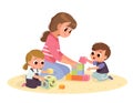 Mother playing with kids at home. Educational toys