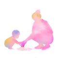 Mother playing with little baby on the beach silhouette plus abstract watercolor painted. Happy mother`s day. Digital art paintin Royalty Free Stock Photo