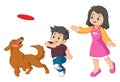 a mother is playing and throws a frisbee at a boy and is followed by her dog