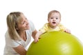 Mother plays with baby on fit ball Royalty Free Stock Photo