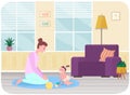 Mother plays with her small baby at home. Female character spend time with her little daughter