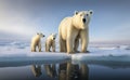 A mother polar bear and her twin cubs on the iceberg, generative AI