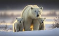 A mother polar bear and her twin cubs looking the prey, generative AI