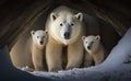 A mother polar bear and her twin cubs out of their den from direct view, generative AI