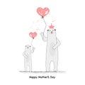 Mother Polar bear. Mama Bear. Cute Polar Bear holding heart balloon. Happy Mother`s Day greeting card