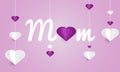 Mother postcard with flying paper hearts embossed on purple background. Vector love symbols in the shape of a heart. Vector