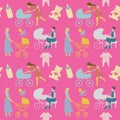 Mother with Pram Seamless Pattern in Retro Style.