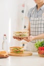 Mother preparing sandwich for school lunch on table Royalty Free Stock Photo