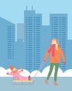 Mother pulling child on sleds, happy family leisure outdoors, urban view background