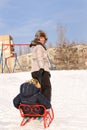 Mother pulling a toboggan with her child in snow