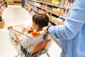 Mother pushing the shopping cart with her daughter holding the soft bear toy inside it, they looking for the goods in Royalty Free Stock Photo