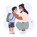 Mother putting on face mask on her child boy for protection against coronavirus infection, cartoon realistic characters Royalty Free Stock Photo