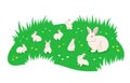 Mother rabbit with cute little baby rabbits grazing in the green meadow