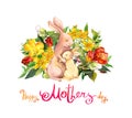 Mother rabbit embrace her small child in flowers. Watercolour for Mothers day with animal hugs