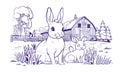 Mother rabbit and little rabbit are sitting near the farm. Vector linear illustration for Coloring pages Royalty Free Stock Photo