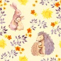 Mother rabbit and mommy hedgehog hug baby animal. Watercolor painted seamless pattern