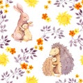 Mother rabbit and mum hedgehog hug baby animal. Watercolor painted seamless pattern