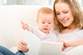 Mother reading a book a little baby on the sofa Royalty Free Stock Photo
