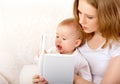 Mother reading a book a little baby on the sofa Royalty Free Stock Photo