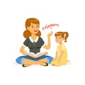 Mother reading a book about religions to her little daughter. Woman and girl sitting on floor. Religious family. Cartoon