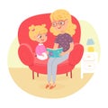 Mother reading book to daughter at home. Happy clever child learning activity vector illustration. Woman spending time