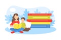 Mother Reading Book to Her Son Sitting Next to Pile of Big Books, Loving Mom and Her Child in Everyday Life at Home