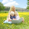 Mother Reading Book to Young Children Outside Royalty Free Stock Photo